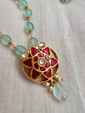 Gold polish jade beads chain with kundan & ruby pendant-Silver Neckpiece-CI-House of Taamara