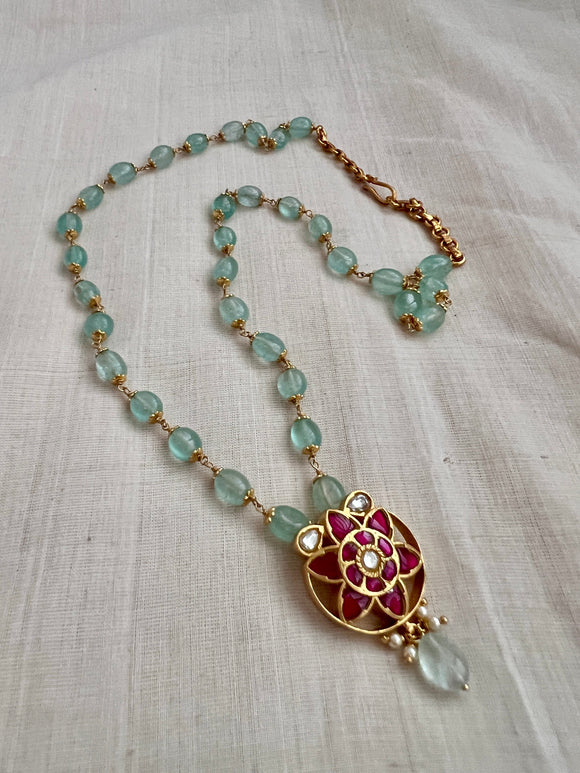 Gold polish jade beads chain with kundan & ruby pendant-Silver Neckpiece-CI-House of Taamara
