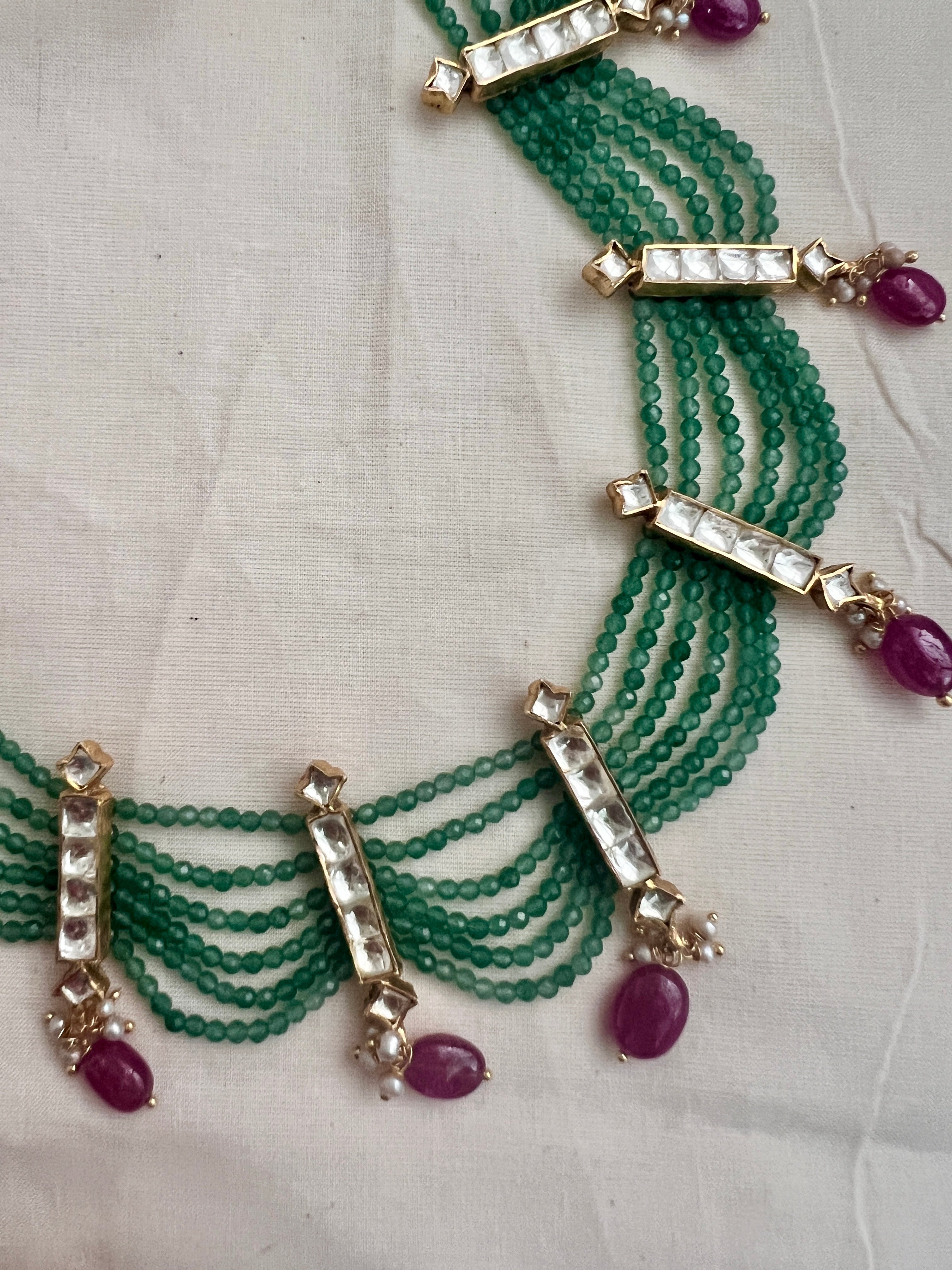 Gold polish jade beads step necklace set with kundan & ruby bead hangings, SET-Silver Neckpiece-CI-House of Taamara