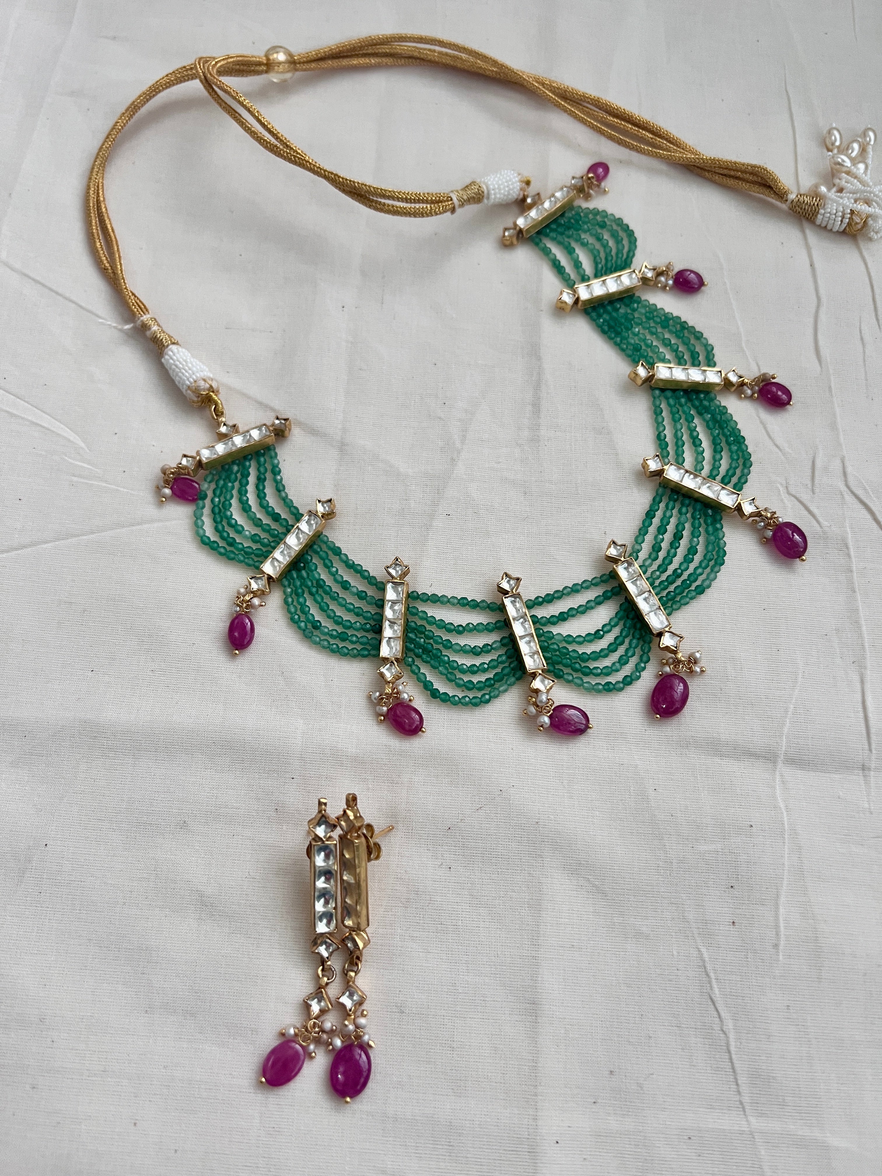 Gold polish jade beads step necklace set with kundan & ruby bead hangings, SET-Silver Neckpiece-CI-House of Taamara