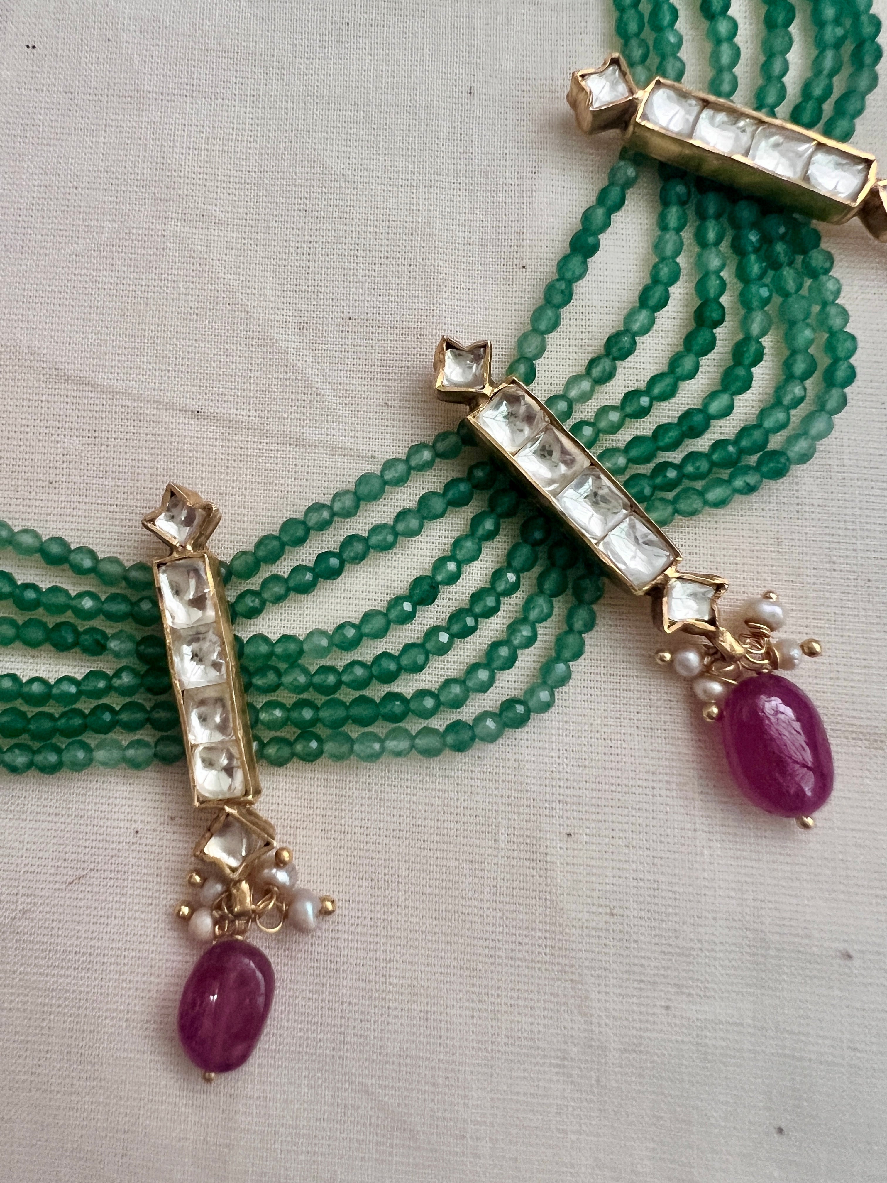 Gold polish jade beads step necklace set with kundan & ruby bead hangings, SET-Silver Neckpiece-CI-House of Taamara