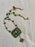Gold polish jade kundan inlay work pendant with pumpkin jade beads & pearls chain-Silver Neckpiece-CI-House of Taamara