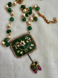 Gold polish jade kundan inlay work pendant with pumpkin jade beads & pearls chain-Silver Neckpiece-CI-House of Taamara