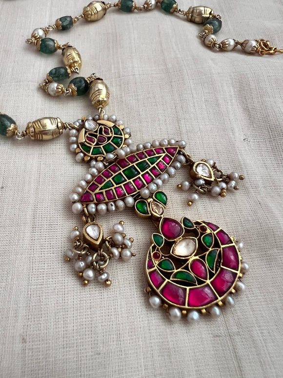 Gold polish jade & pearl beads chain with kundan, emerald and ruby pendant-Silver Neckpiece-CI-House of Taamara