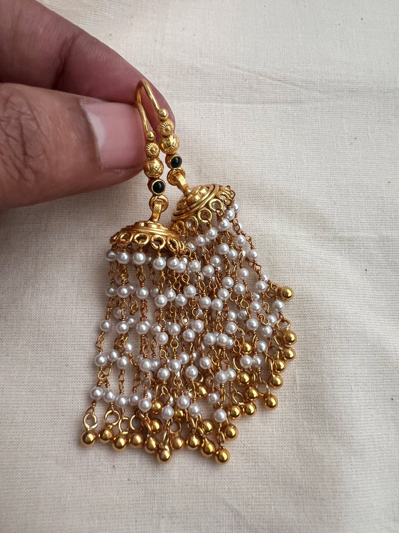 Gold polish jhumka with long pearls-Earrings-CI-House of Taamara