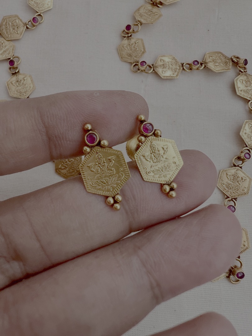 Gold polish kasumala necklace with earrings, SET-Silver Neckpiece-CI-House of Taamara