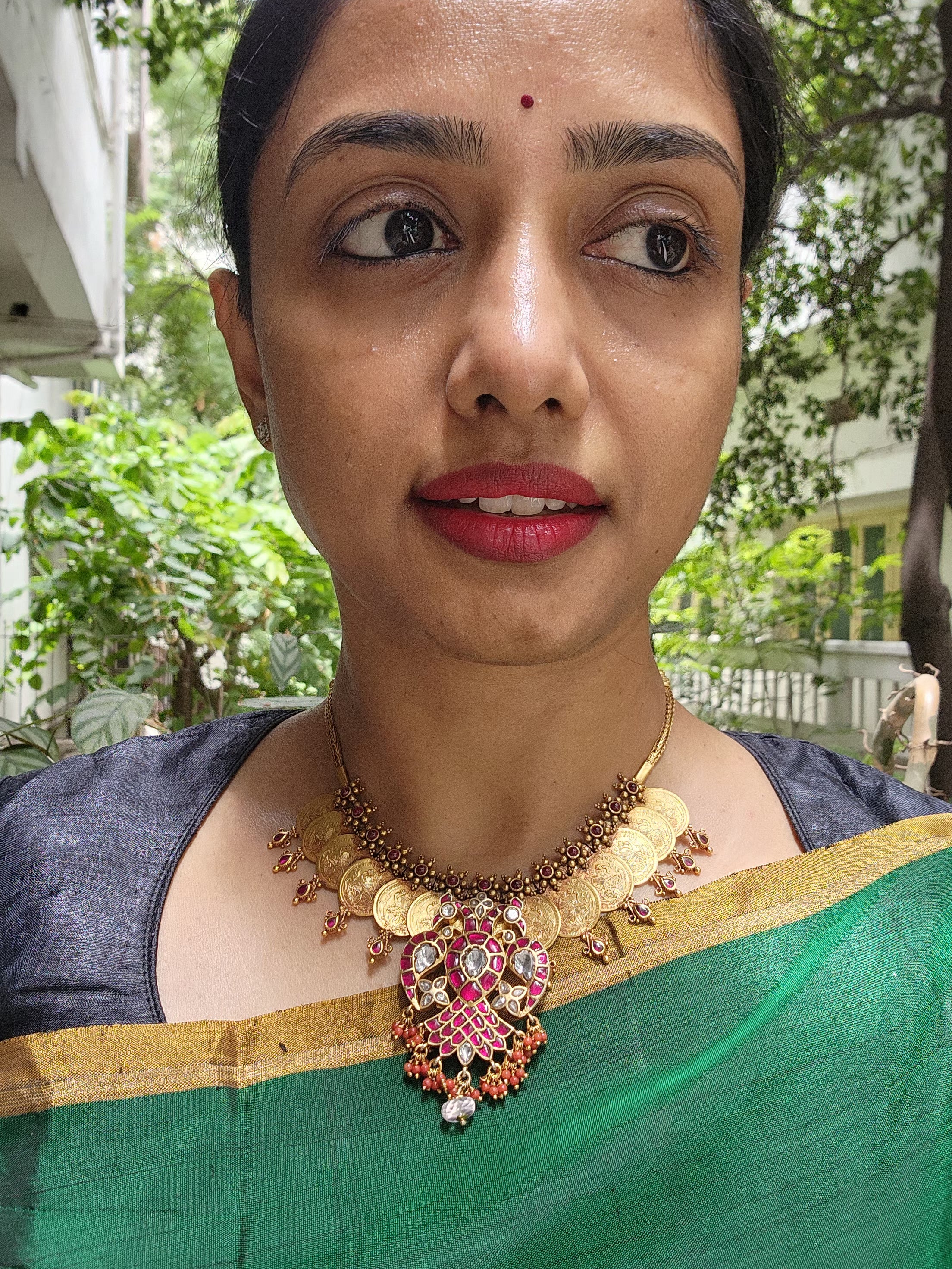 Gold polish kasumala with kundan and ruby gandaberunda pendant-Silver Neckpiece-CI-House of Taamara