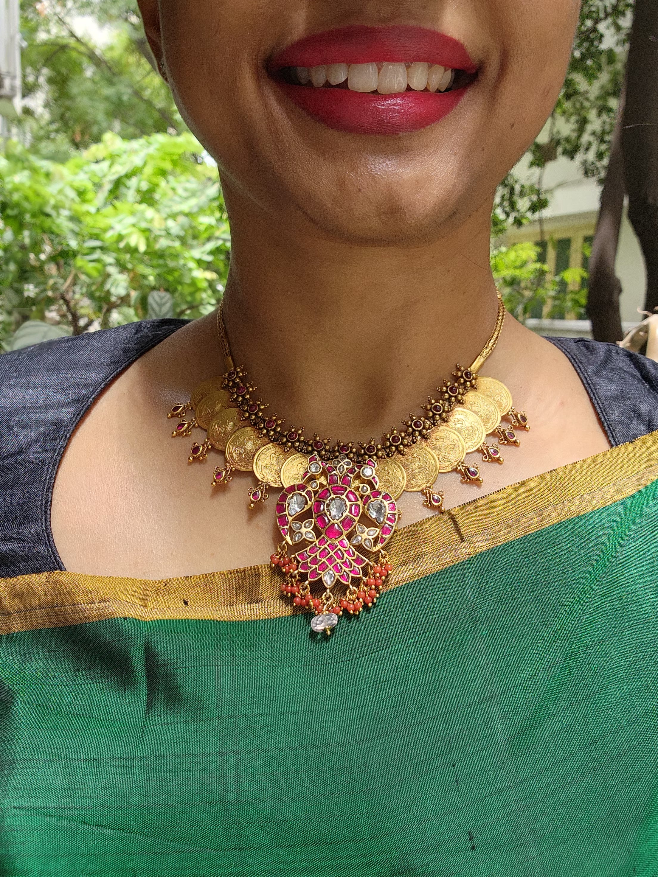 Gold polish kasumala with kundan and ruby gandaberunda pendant-Silver Neckpiece-CI-House of Taamara