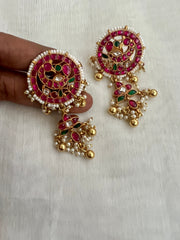 Gold polish kemp, green & kundan style peacock round studs with flower hangings-Earrings-CI-House of Taamara