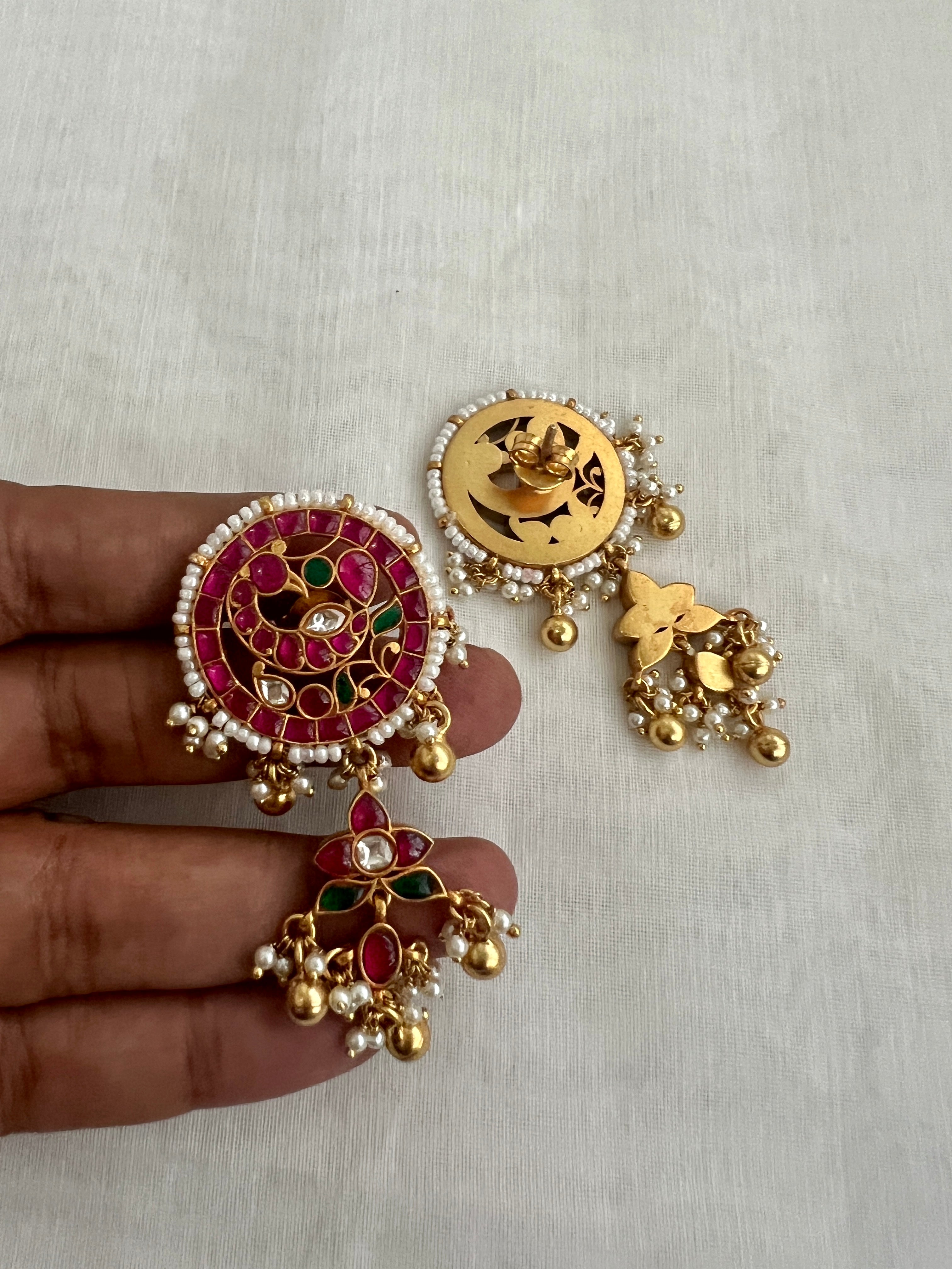 Gold polish kemp, green & kundan style peacock round studs with flower hangings-Earrings-CI-House of Taamara