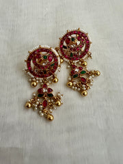 Gold polish kemp, green & kundan style peacock round studs with flower hangings-Earrings-CI-House of Taamara