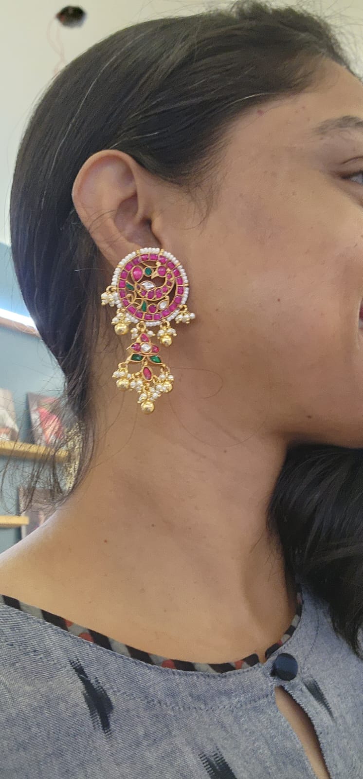 Gold polish kemp, green & kundan style peacock round studs with flower hangings-Earrings-CI-House of Taamara