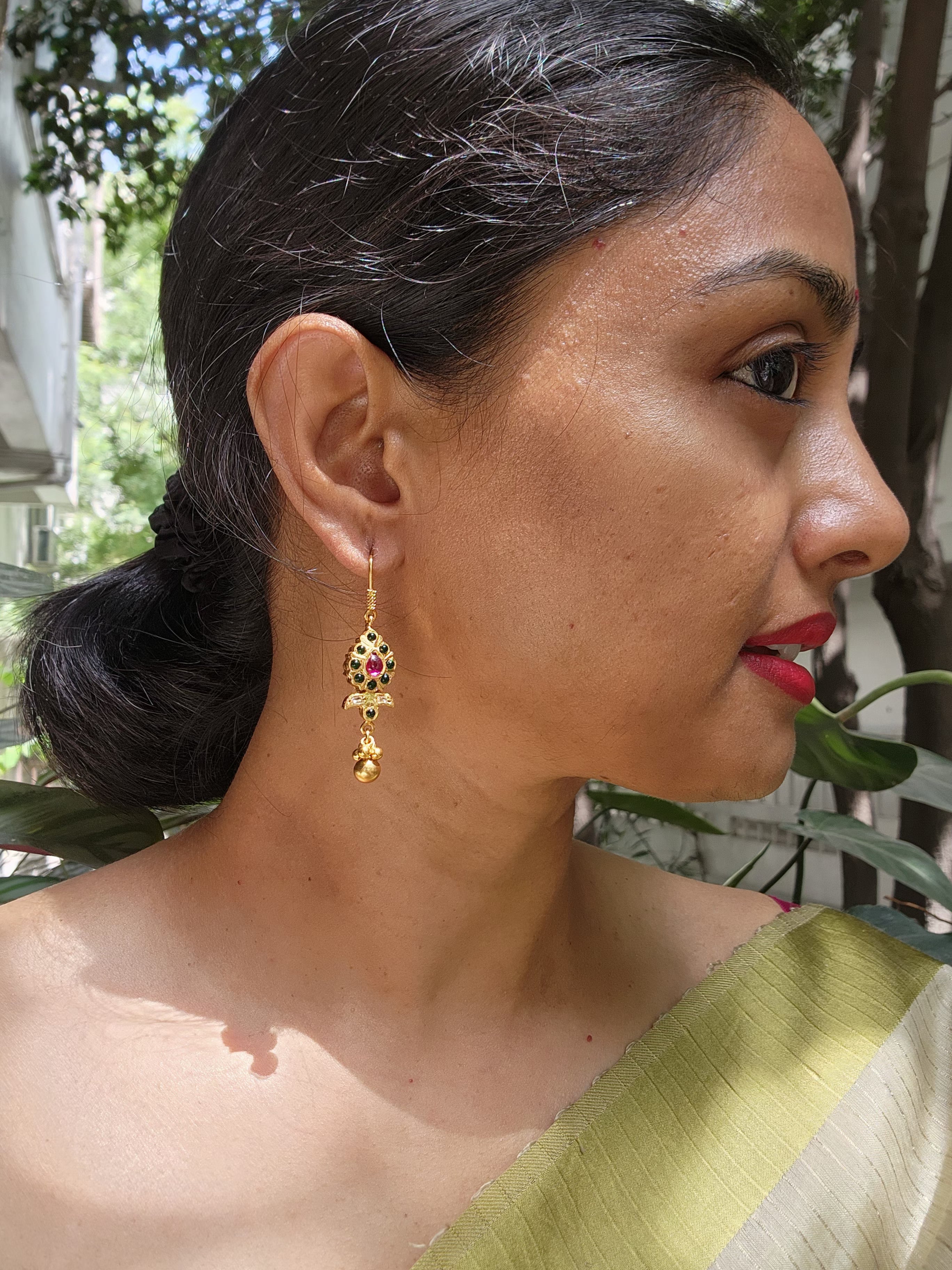 Gold polish kemp pink & green hook earrings-Earrings-CI-House of Taamara