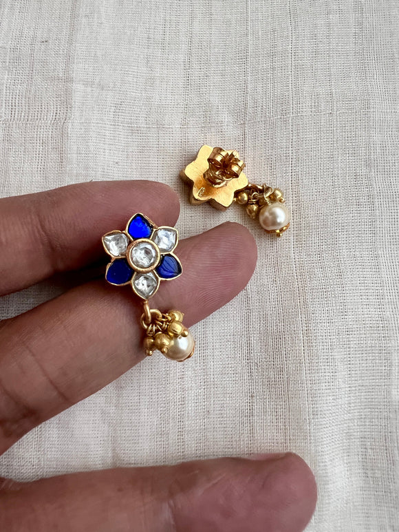 Gold polish kundan and blue flower studs-Earrings-CI-House of Taamara