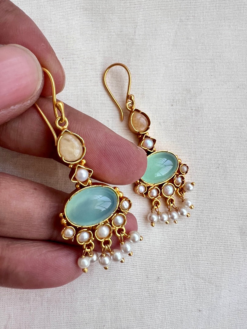 Gold polish kundan and calcedony hangings-Earrings-CI-House of Taamara