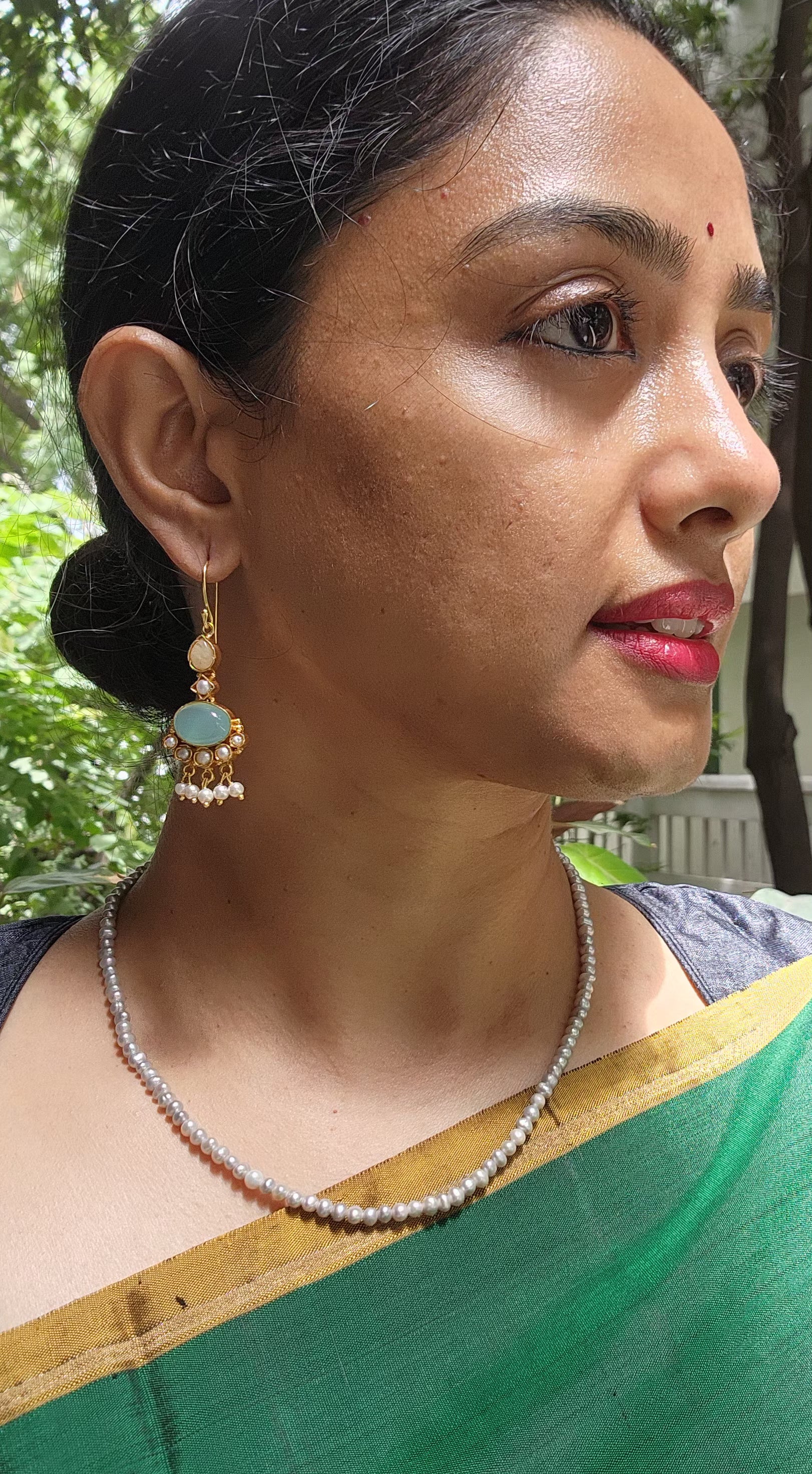 Gold polish kundan and calcedony hangings-Earrings-CI-House of Taamara