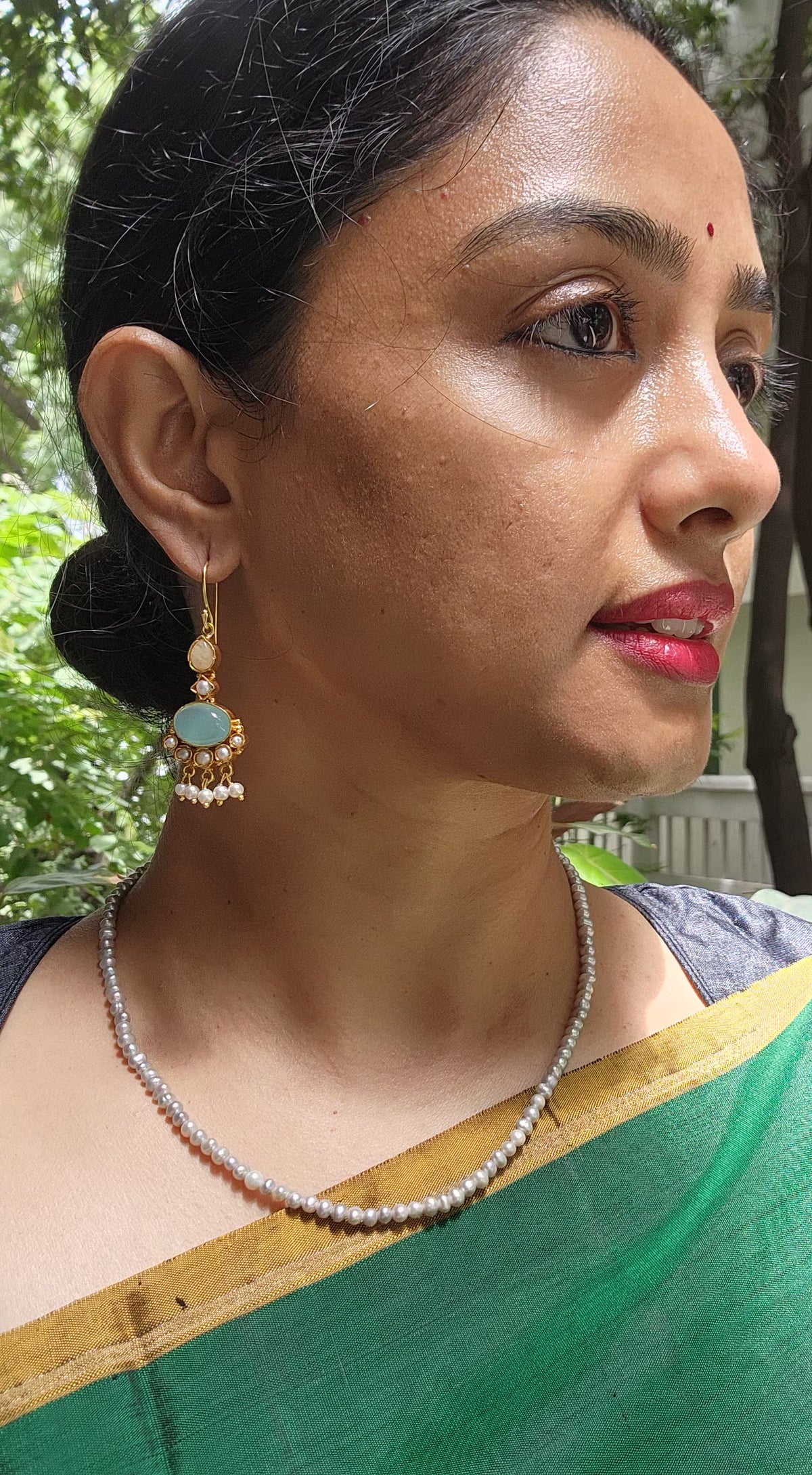 Gold polish kundan and calcedony hangings-Earrings-CI-House of Taamara