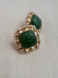 Gold polish kundan and carved jade stone studs with pearls-Earrings-CI-House of Taamara