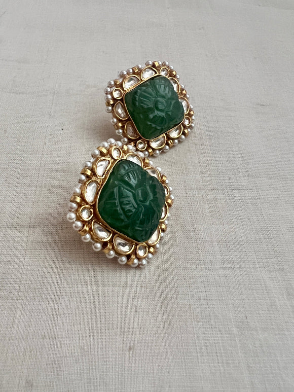 Gold polish kundan and carved jade stone studs with pearls-Earrings-CI-House of Taamara