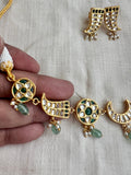 Gold polish kundan and emerald choker with pearls & jade beads, set-Silver Neckpiece-CI-House of Taamara