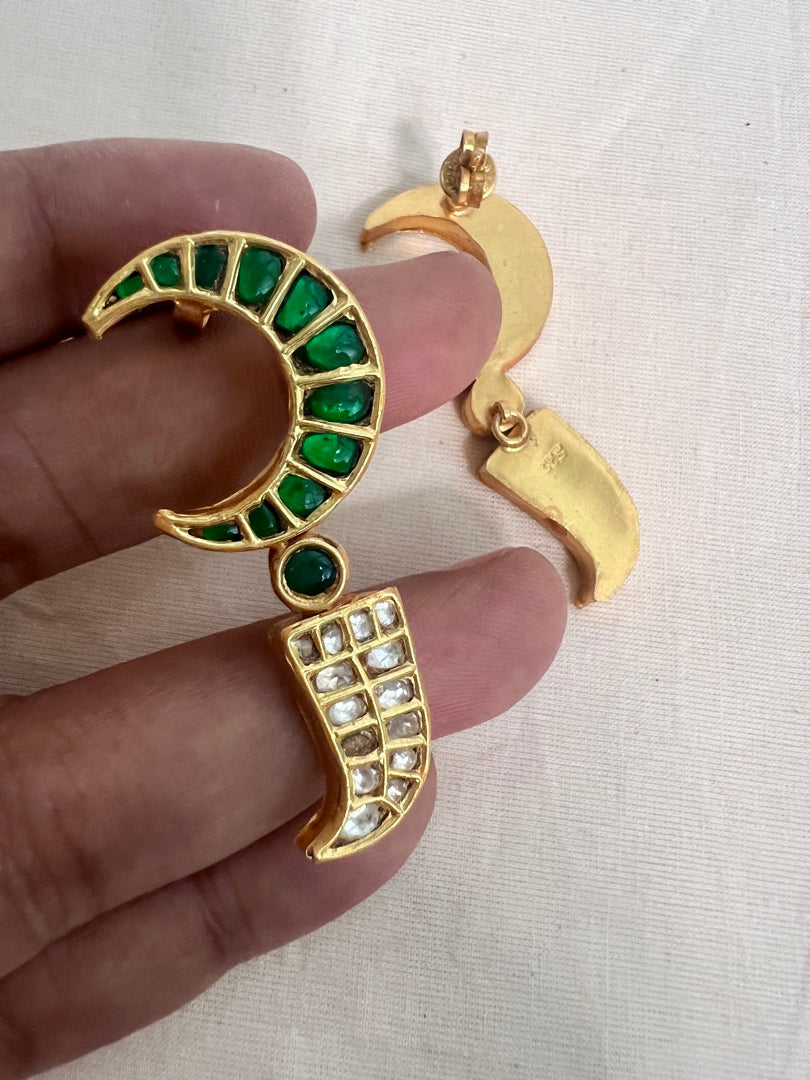 Gold polish kundan and emerald earrings-Earrings-CI-House of Taamara