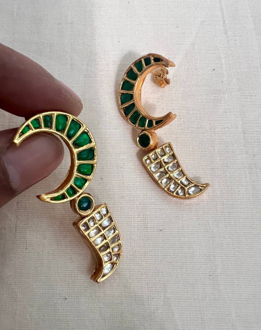 Gold polish kundan and emerald earrings-Earrings-CI-House of Taamara