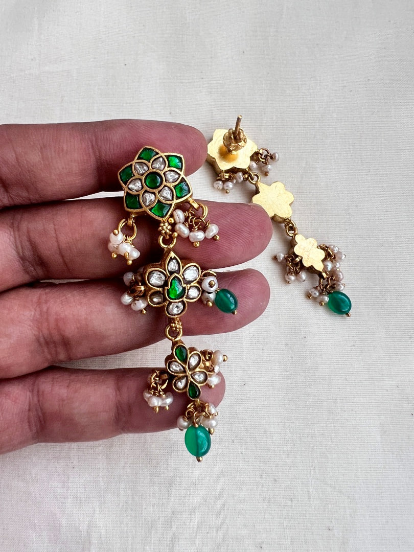 Gold polish kundan and emerald earrings with pearls-Earrings-CI-House of Taamara
