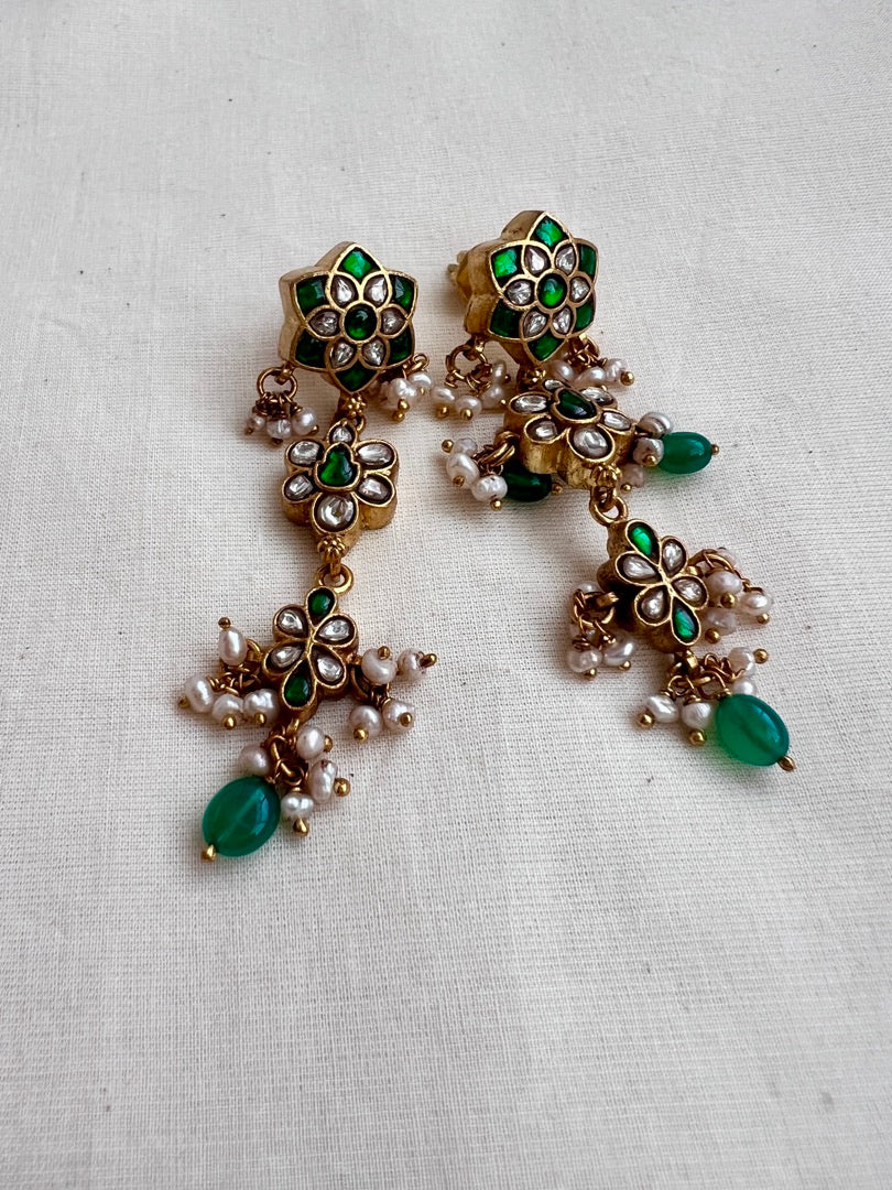 Gold polish kundan and emerald earrings with pearls-Earrings-CI-House of Taamara