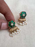 Gold polish kundan and emerald earrings with pearls-Earrings-CI-House of Taamara