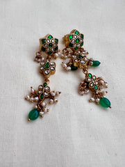 Gold polish kundan and emerald earrings with pearls-Earrings-CI-House of Taamara