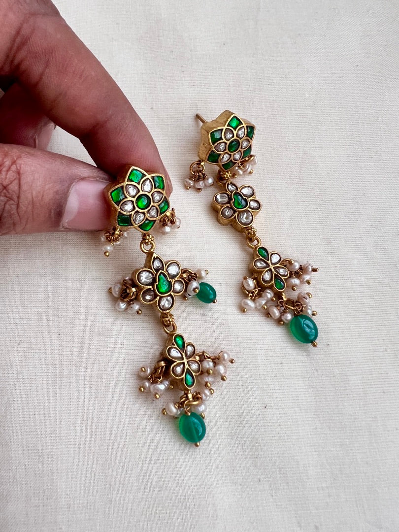 Gold polish kundan and emerald earrings with pearls-Earrings-CI-House of Taamara