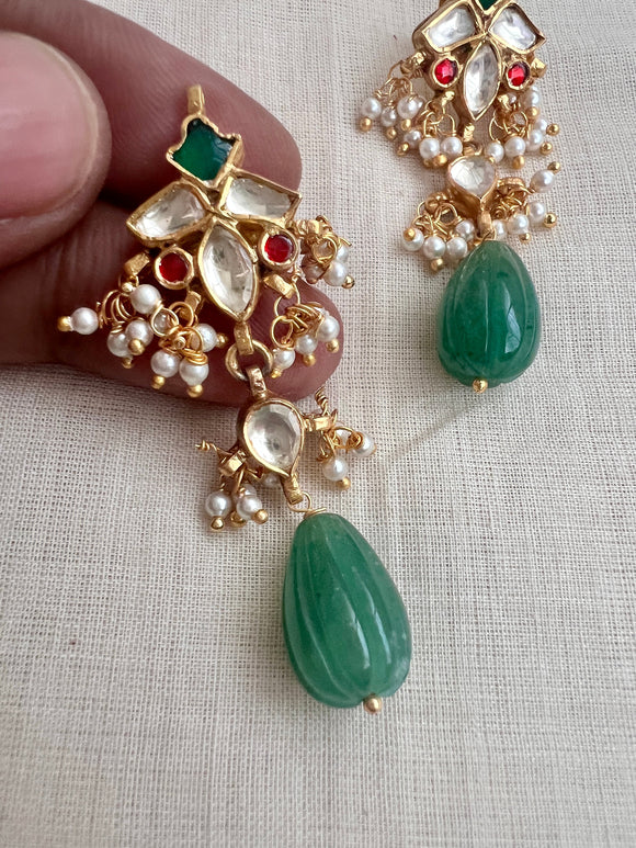 Gold polish kundan and emerald earrings with pearls-Earrings-CI-House of Taamara