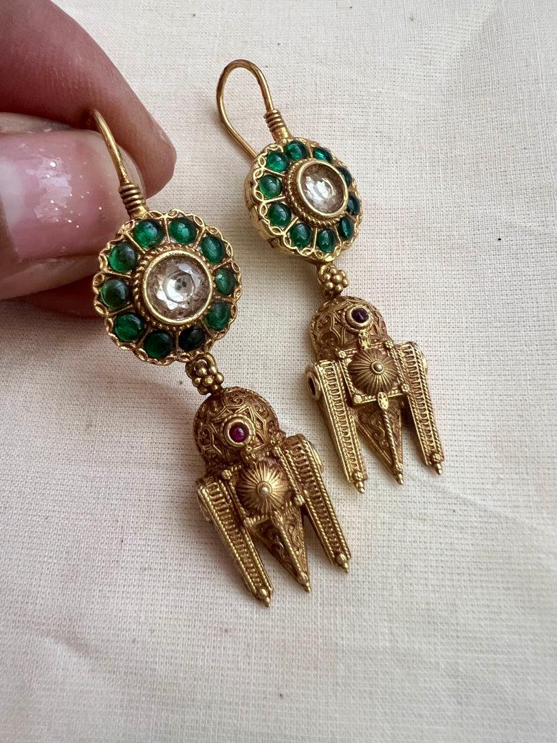 Gold polish kundan and emerald hangings-Earrings-CI-House of Taamara