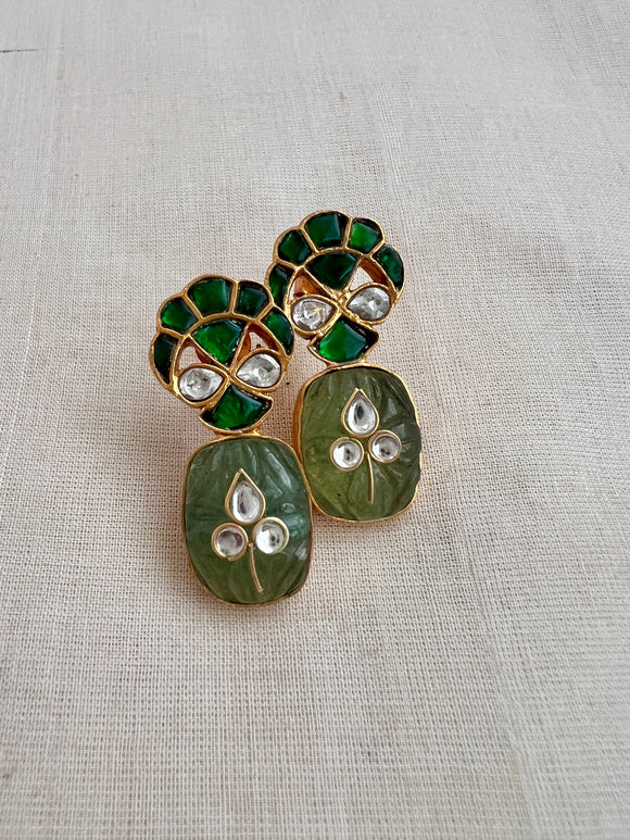 Gold polish kundan and emerald inlay work earrings-Earrings-CI-House of Taamara