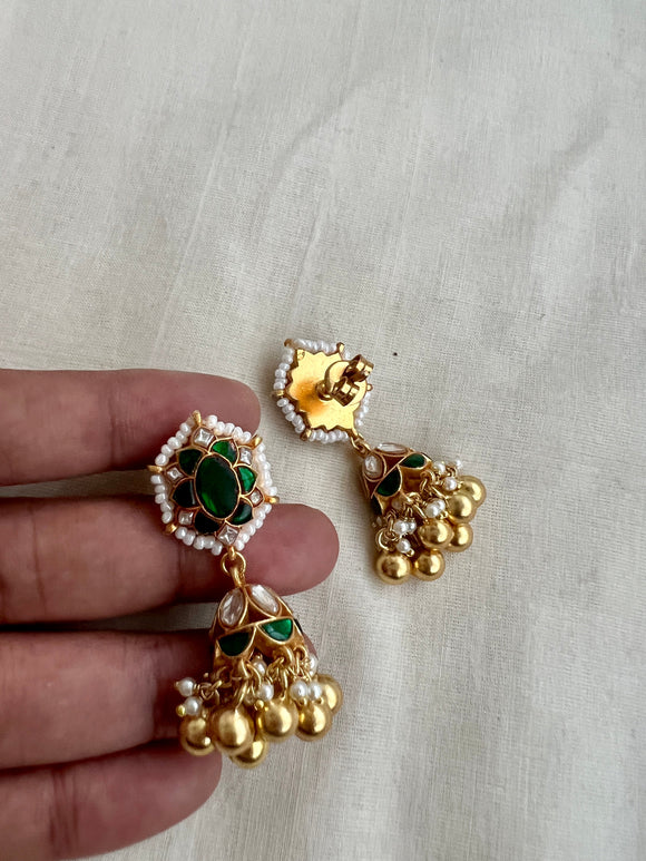 Gold polish kundan and emerald jhumkas with pearls-Earrings-CI-House of Taamara