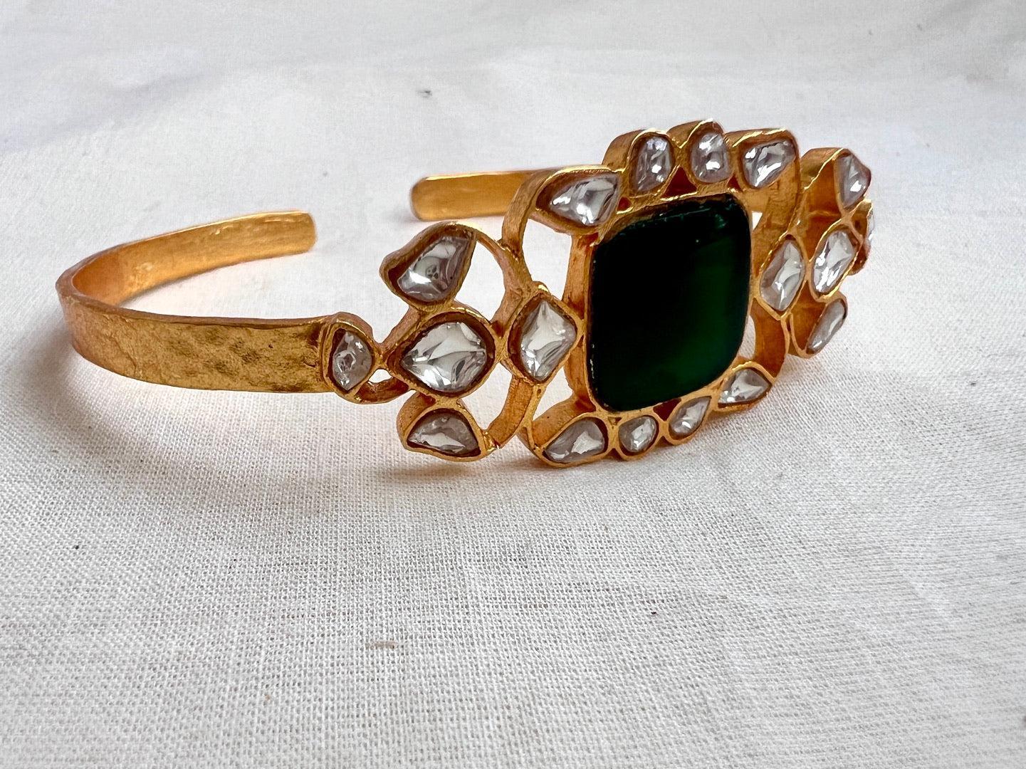 Gold polish kundan and emerald kada-Silver Bracelet-CI-House of Taamara