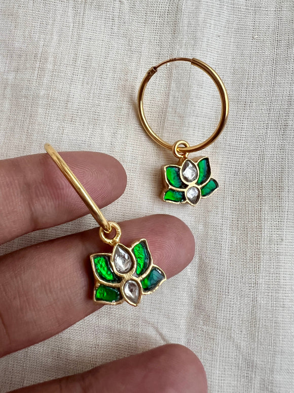 Gold polish kundan and emerald loop earrings-Earrings-CI-House of Taamara