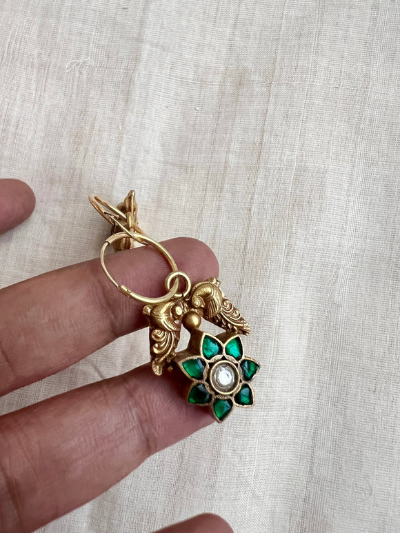 Gold polish kundan and emerald loop earrings-Earrings-CI-House of Taamara