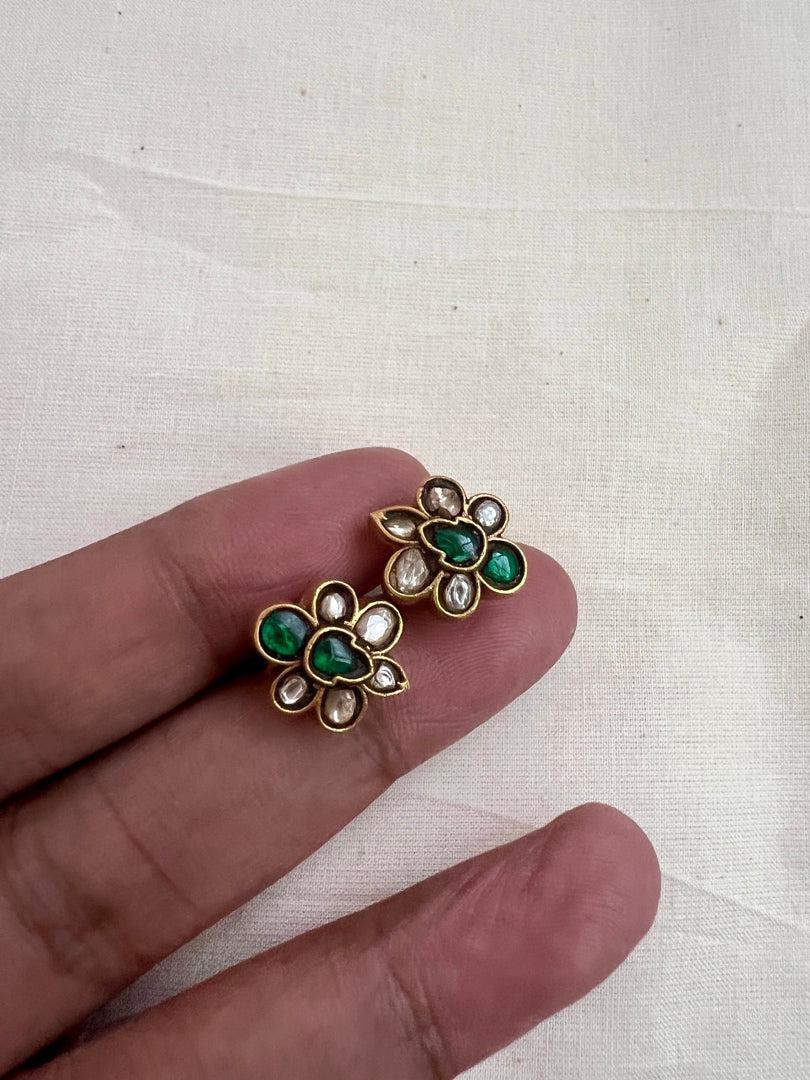 Gold polish kundan and emerald studs-Earrings-CI-House of Taamara