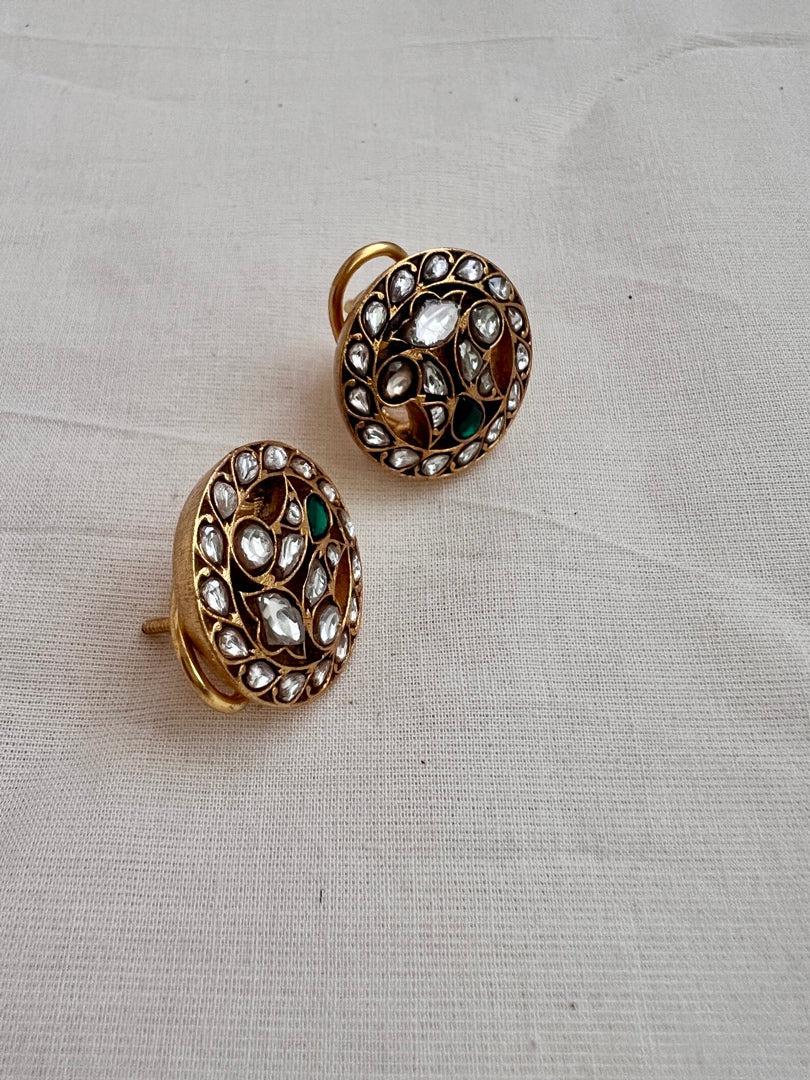 Gold polish kundan and emerald studs-Earrings-CI-House of Taamara