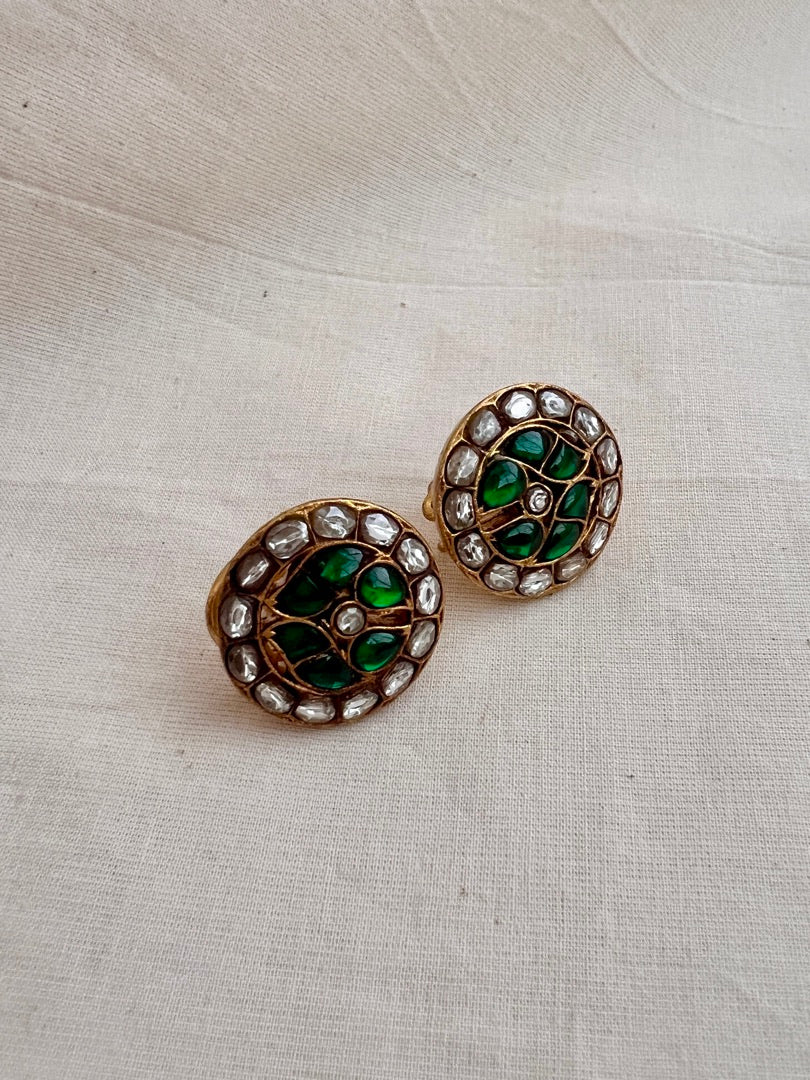 Gold polish kundan and emerald studs-Earrings-CI-House of Taamara