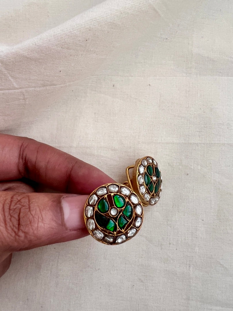 Gold polish kundan and emerald studs-Earrings-CI-House of Taamara