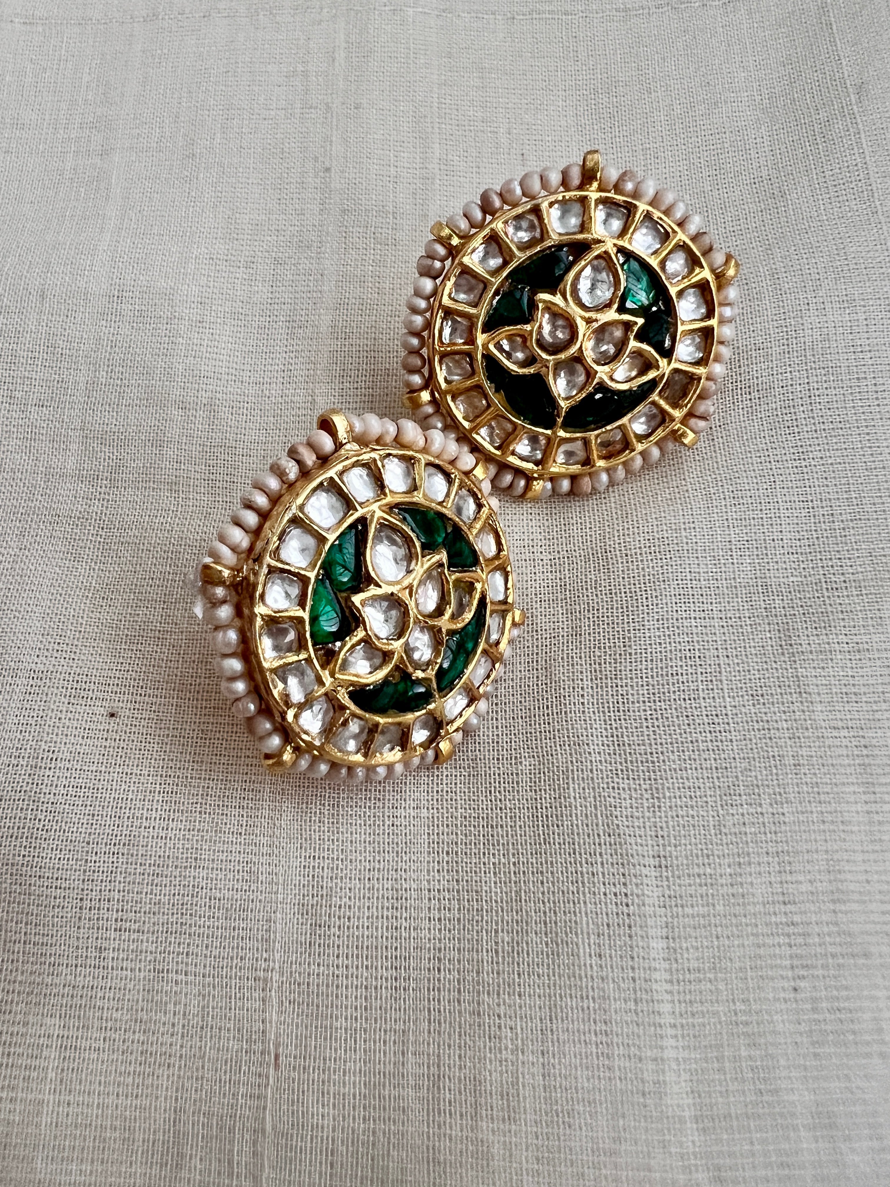 Gold polish kundan and emerald studs with pearls-Earrings-CI-House of Taamara