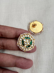 Gold polish kundan and emerald studs with pearls-Earrings-CI-House of Taamara