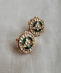 Gold polish kundan and emerald studs with pearls-Earrings-CI-House of Taamara