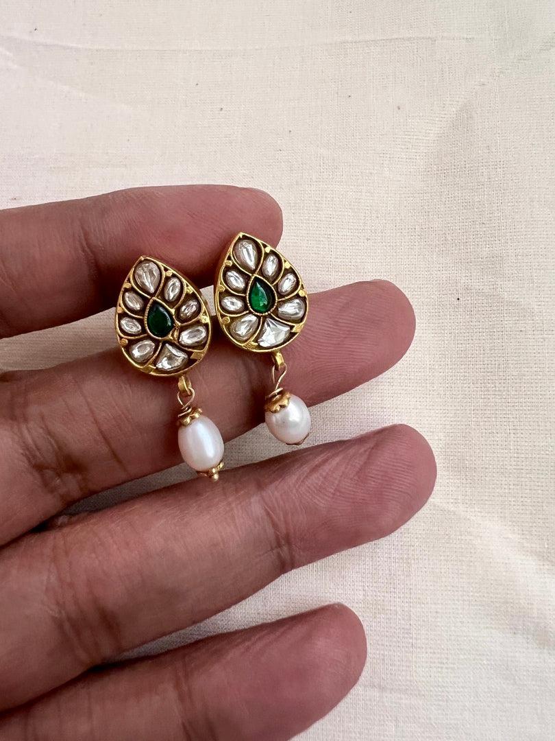 Gold polish kundan and emerald studs with pearls-Earrings-CI-House of Taamara