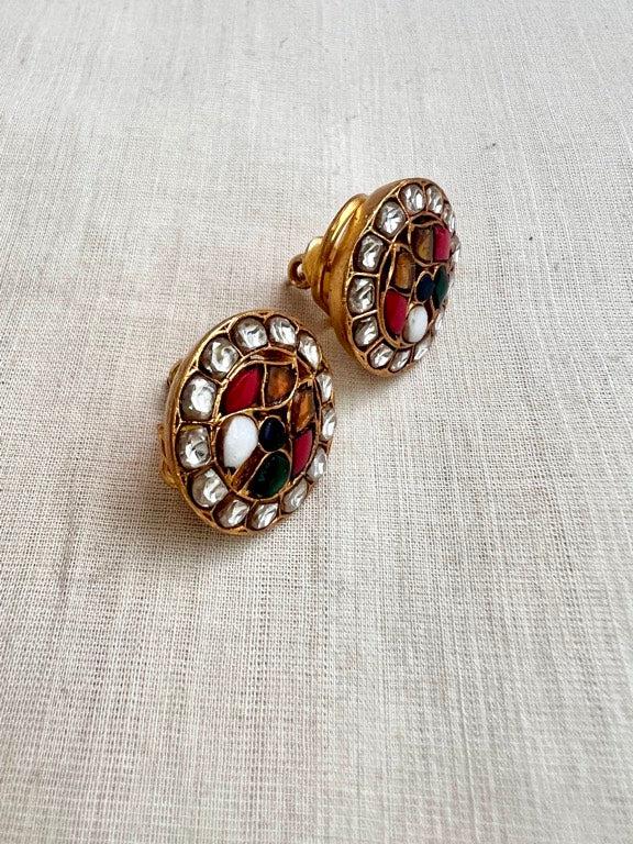 Gold polish kundan and navrathan studs-Earrings-CI-House of Taamara