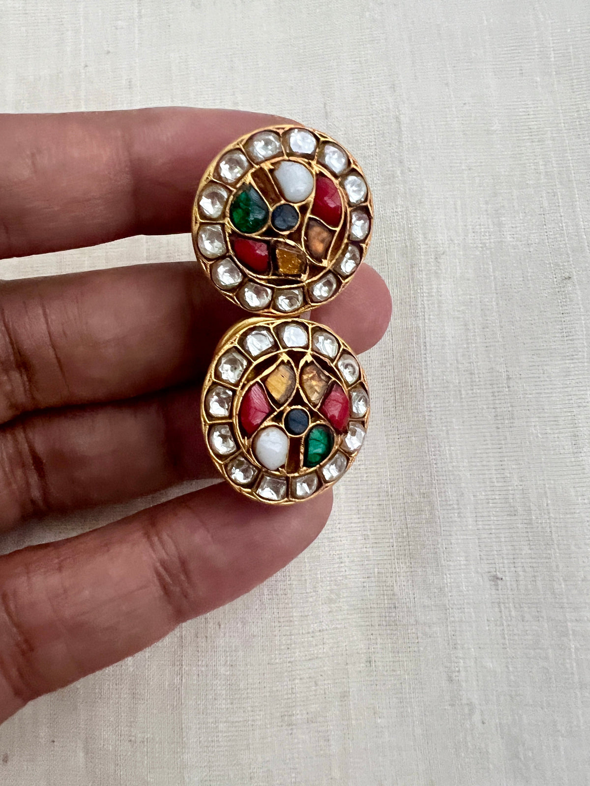 Gold polish kundan and navrathan studs-Earrings-CI-House of Taamara