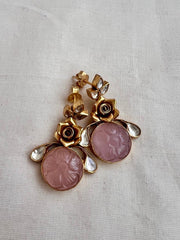 Gold polish kundan and rose quartz earrings-Earrings-CI-House of Taamara