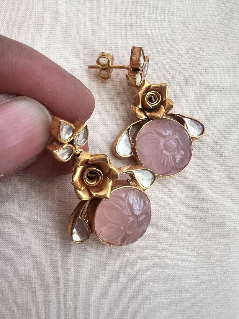 Gold polish kundan and rose quartz earrings-Earrings-CI-House of Taamara